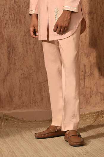 Sulakshna Jasra_Rose Gold Cotton, Tussar Leather Work Tusser Kurta And Pant Set _Online_at_Aza_Fashions