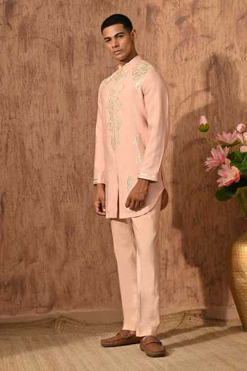 Buy_Sulakshna Jasra_Rose Gold Cotton, Tussar Leather Work Tusser Kurta And Pant Set _Online_at_Aza_Fashions