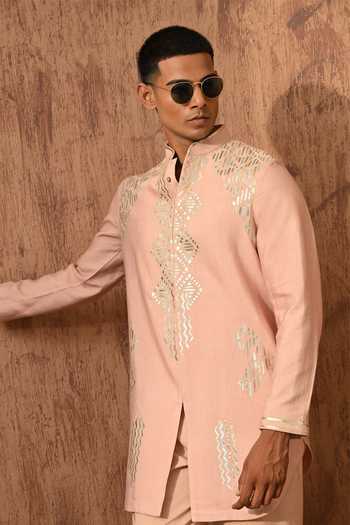 Shop_Sulakshna Jasra_Rose Gold Cotton, Tussar Leather Work Tusser Kurta And Pant Set _Online_at_Aza_Fashions