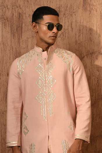 Sulakshna Jasra_Rose Gold Cotton, Tussar Leather Work Tusser Kurta And Pant Set _at_Aza_Fashions