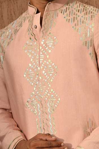 Buy_Sulakshna Jasra_Rose Gold Cotton, Tussar Leather Work Tusser Kurta And Pant Set 