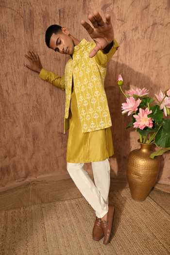 Buy_Sulakshna Jasra_Yellow Satin, Linen Embroudered Bundi Kurta Set _Online_at_Aza_Fashions