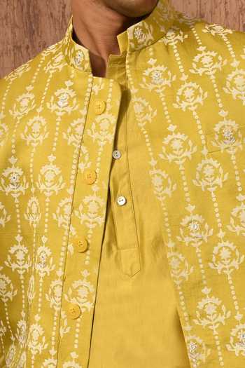 Shop_Sulakshna Jasra_Yellow Satin, Linen Embroudered Bundi Kurta Set _Online_at_Aza_Fashions