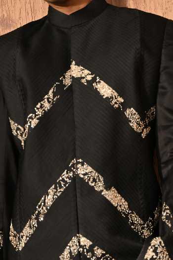 Sulakshna Jasra_Black Satin, Linen, Polyester Sherwani And Pant Set _Online_at_Aza_Fashions