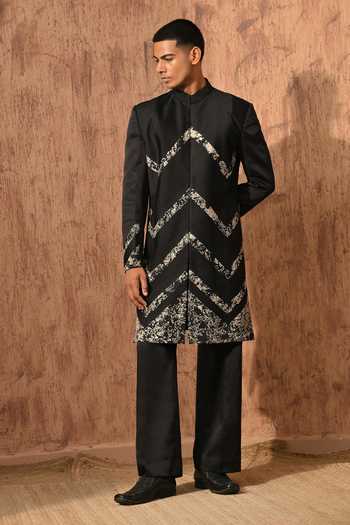 Shop_Sulakshna Jasra_Black Satin, Linen, Polyester Sherwani And Pant Set _Online_at_Aza_Fashions