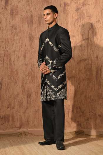 Sulakshna Jasra_Black Satin, Linen, Polyester Sherwani And Pant Set _at_Aza_Fashions