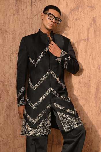 Buy_Sulakshna Jasra_Black Satin, Linen, Polyester Sherwani And Pant Set 