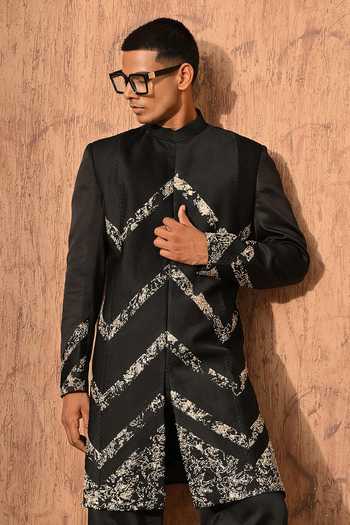 Shop_Sulakshna Jasra_Black Satin, Linen, Polyester Sherwani And Pant Set 