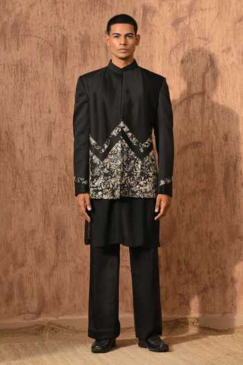 Buy_Sulakshna Jasra_Black Linen, Satin Bandhgala And Pant Set _Online_at_Aza_Fashions