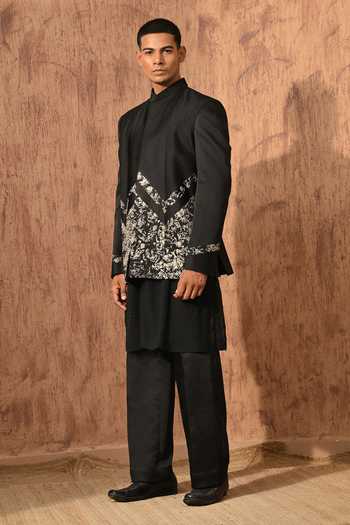 Shop_Sulakshna Jasra_Black Linen, Satin Bandhgala And Pant Set _Online_at_Aza_Fashions