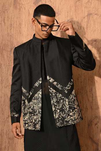 Shop_Sulakshna Jasra_Black Linen, Satin Bandhgala And Pant Set 