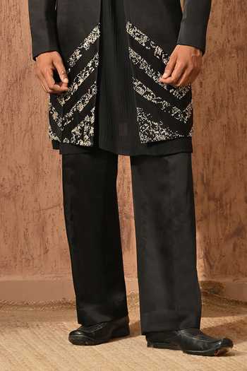 Sulakshna Jasra_Black Satin, Linen Sherwani Set _Online_at_Aza_Fashions