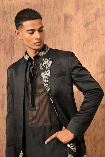 Buy_Sulakshna Jasra_Black Satin, Linen Sherwani Set _Online_at_Aza_Fashions