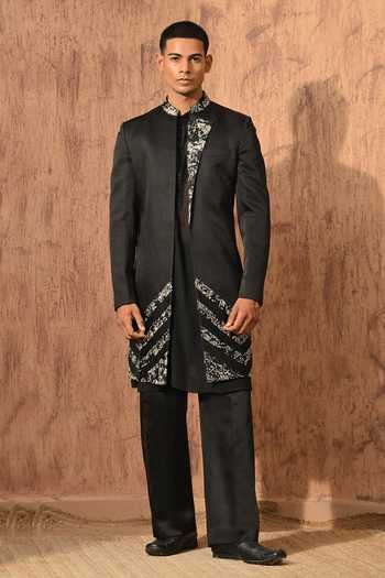 Shop_Sulakshna Jasra_Black Satin, Linen Sherwani Set _Online_at_Aza_Fashions