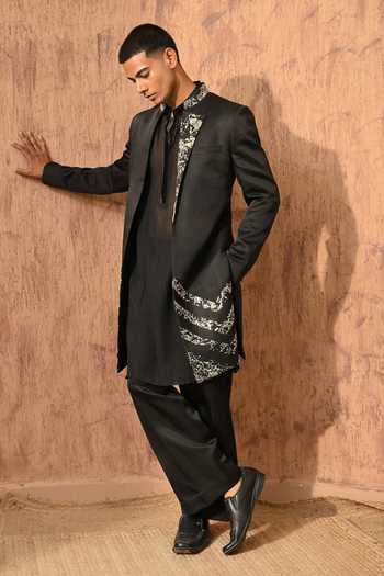 Sulakshna Jasra_Black Satin, Linen Sherwani Set _at_Aza_Fashions