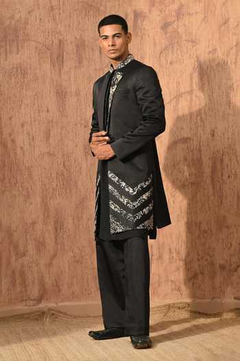 Buy_Sulakshna Jasra_Black Satin, Linen Sherwani Set 