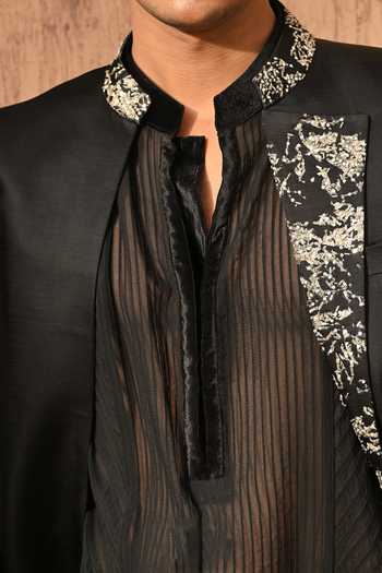 Shop_Sulakshna Jasra_Black Satin, Linen Sherwani Set 