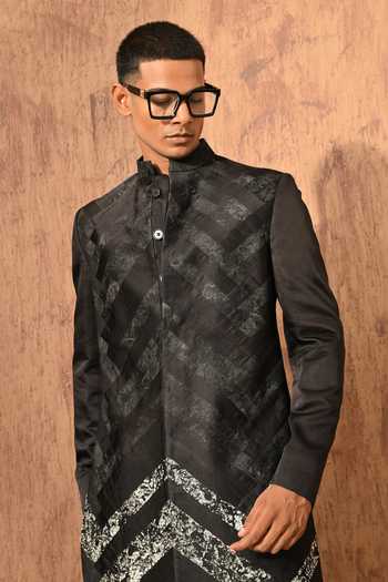 Shop Sulakshna Jasra Black Satin, Linen, Polyester Sherwani Jacket And Pant Set Online at Aza Fashions Shop_Sulakshna Jasra_Black Satin, Linen, Polyester Sherwani Jacket And Pant Set _Online_at_Aza_Fashions