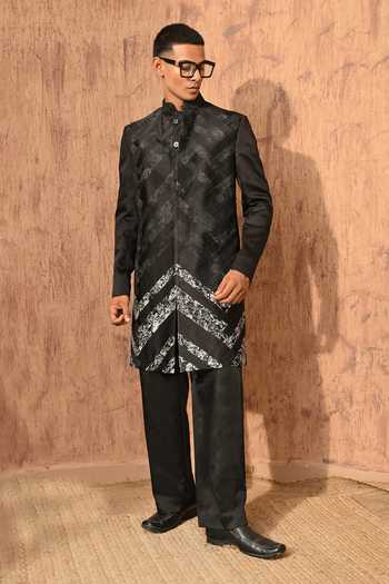 Shop Sulakshna Jasra Black Satin, Linen, Polyester Sherwani Jacket And Pant Set Shop_Sulakshna Jasra_Black Satin, Linen, Polyester Sherwani Jacket And Pant Set