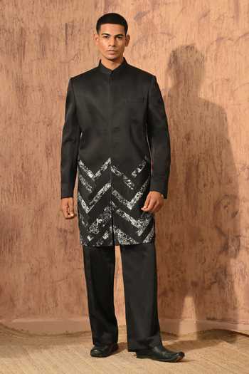 Buy Sulakshna Jasra Black Satin, Linen, Polyester Zardozi Sherwani And Pant Set Online at Aza Fashions Buy_Sulakshna Jasra_Black Satin, Linen, Polyester Zardozi Sherwani And Pant Set _Online_at_Aza_Fashions