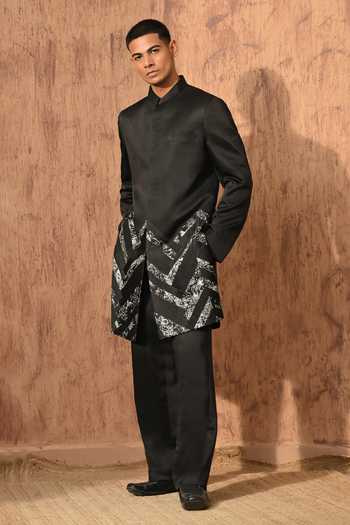 Shop Sulakshna Jasra Black Satin, Linen, Polyester Zardozi Sherwani And Pant Set Online at Aza Fashions Shop_Sulakshna Jasra_Black Satin, Linen, Polyester Zardozi Sherwani And Pant Set _Online_at_Aza_Fashions