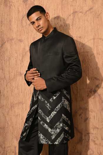 Sulakshna Jasra Black Satin, Linen, Polyester Zardozi Sherwani And Pant Set at Aza Fashions Sulakshna Jasra_Black Satin, Linen, Polyester Zardozi Sherwani And Pant Set _at_Aza_Fashions