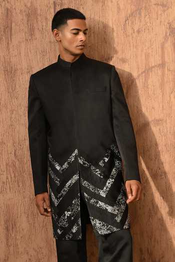 Buy Sulakshna Jasra Black Satin, Linen, Polyester Zardozi Sherwani And Pant Set Buy_Sulakshna Jasra_Black Satin, Linen, Polyester Zardozi Sherwani And Pant Set