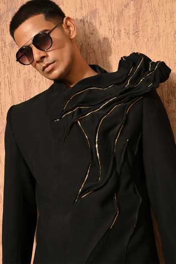 Sulakshna Jasra_Black Sculptured Sherwani And Pant Set _Online_at_Aza_Fashions