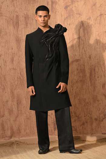 Buy_Sulakshna Jasra_Black Sculptured Sherwani And Pant Set _Online_at_Aza_Fashions