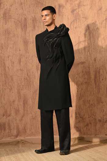 Shop_Sulakshna Jasra_Black Sculptured Sherwani And Pant Set _Online_at_Aza_Fashions