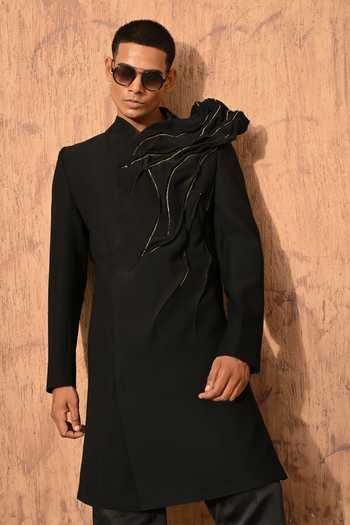 Sulakshna Jasra_Black Sculptured Sherwani And Pant Set _at_Aza_Fashions