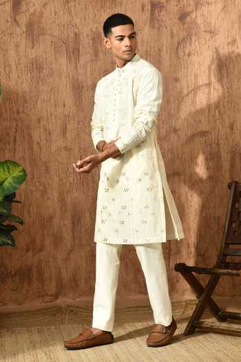 Shop_Sulakshna Jasra_Ivory Cotton, Jacquard Mandarin Collar, Yes Kurta And Pyjama Set _Online_at_Aza_Fashions