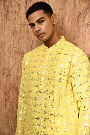 Sulakshna Jasra_Yellow Cotton, Georgette Embroidered Kurta And Pyjama Set _Online_at_Aza_Fashions