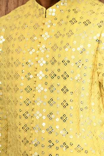 Buy_Sulakshna Jasra_Yellow Cotton, Georgette Embroidered Kurta And Pyjama Set 