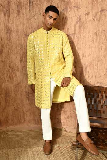 Shop_Sulakshna Jasra_Yellow Cotton, Georgette Embroidered Kurta And Pyjama Set 