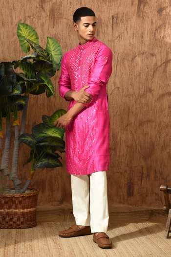 Sulakshna Jasra_Pink Silk Raw Kurta And Pyjama Set _Online_at_Aza_Fashions