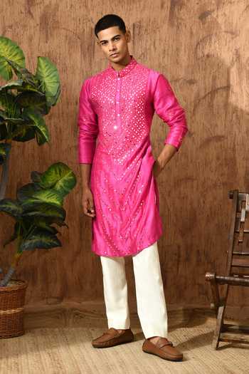 Shop_Sulakshna Jasra_Pink Silk Raw Kurta And Pyjama Set _Online_at_Aza_Fashions