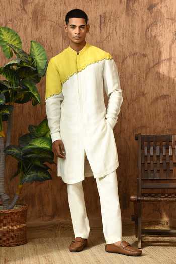 Shop_Sulakshna Jasra_Green Satin, Linen Embroidered Kurta And Pyjama Set _Online_at_Aza_Fashions