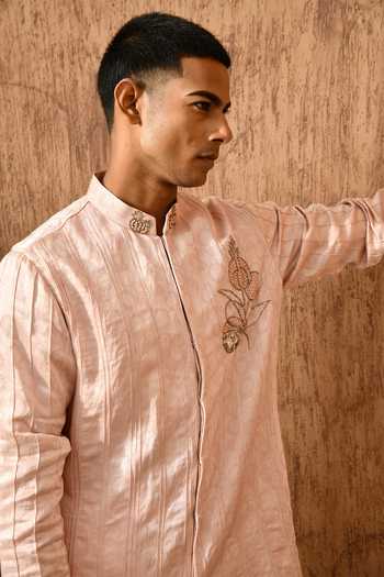 Sulakshna Jasra_Pink Cotton, Satin, Linen Zardozi Embroidered Kurta And Pant Set _Online_at_Aza_Fashions