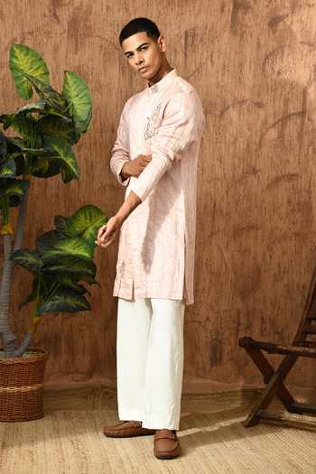Shop_Sulakshna Jasra_Pink Cotton, Satin, Linen Zardozi Embroidered Kurta And Pant Set _Online_at_Aza_Fashions