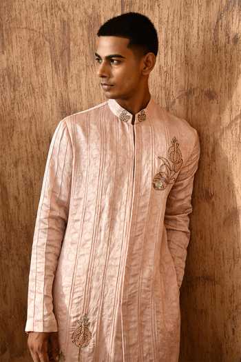 Shop_Sulakshna Jasra_Pink Cotton, Satin, Linen Zardozi Embroidered Kurta And Pant Set 