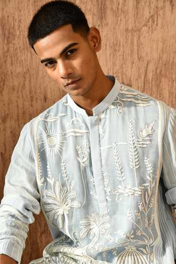 Buy_Sulakshna Jasra_Blue Cotton, Organza Embroidered Kurta And Pant Set _Online_at_Aza_Fashions