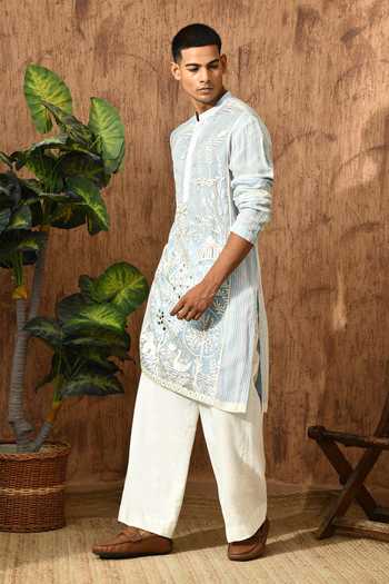 Shop_Sulakshna Jasra_Blue Cotton, Organza Embroidered Kurta And Pant Set _Online_at_Aza_Fashions