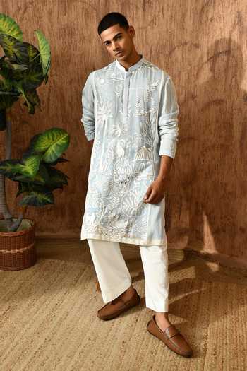 Sulakshna Jasra_Blue Cotton, Organza Embroidered Kurta And Pant Set _at_Aza_Fashions