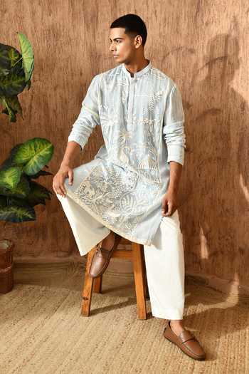 Buy_Sulakshna Jasra_Blue Cotton, Organza Embroidered Kurta And Pant Set 
