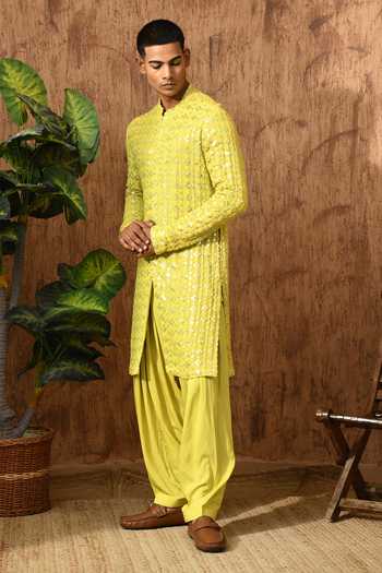 Shop_Sulakshna Jasra_Green Georgette Embroidered Kurta And Salwar Set _Online_at_Aza_Fashions