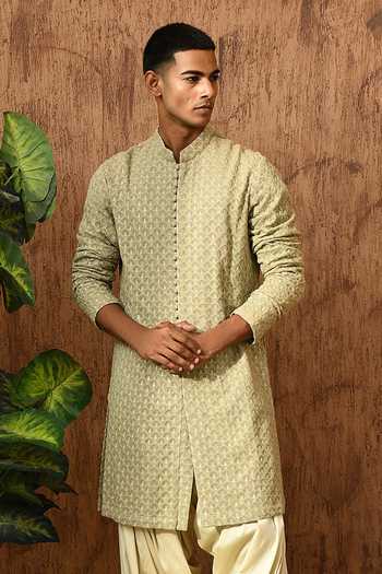 Shop_Sulakshna Jasra_Green Georgette Embroidered Kurta And Salwar Set _Online_at_Aza_Fashions