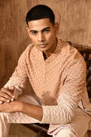 Sulakshna Jasra_Rose Gold Cotton, Georgette Embroidered Kurta And Pyjama Set _Online_at_Aza_Fashions