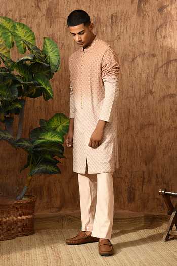 Shop_Sulakshna Jasra_Rose Gold Cotton, Georgette Embroidered Kurta And Pyjama Set _Online_at_Aza_Fashions