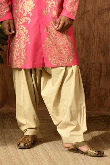 Sulakshna Jasra_Pink Cotton, Tussar Embroidered Tusser Kurta Set _Online_at_Aza_Fashions